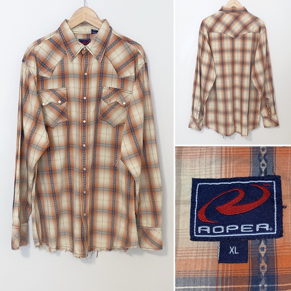 Roper Plaid Fringe Hem Men's Button Down - XL - Picture 1 of 8